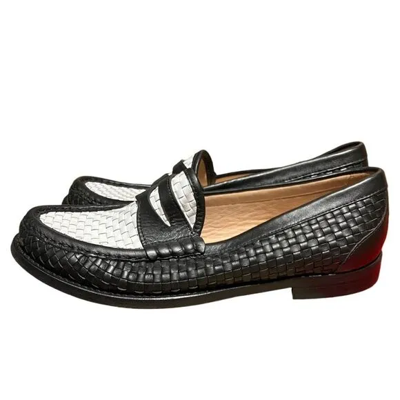 J Crew Shoes 9.5 Black Winona Penny Loafers Woven Italian Leather White Preppy