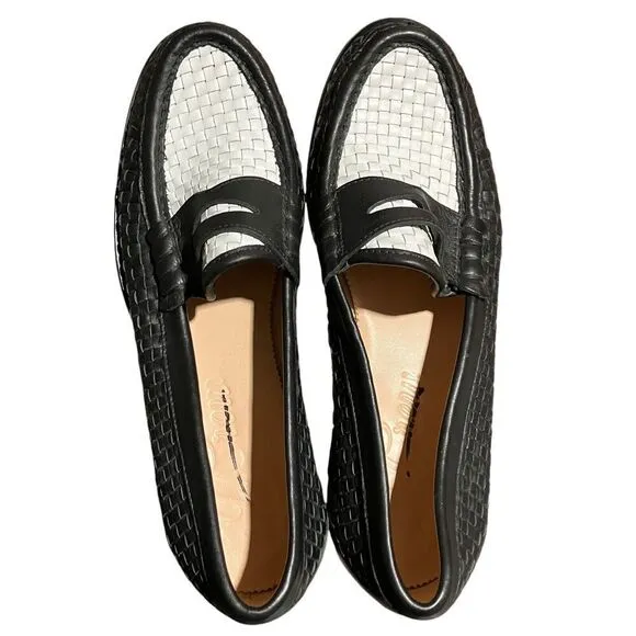 J Crew Shoes 9.5 Black Winona Penny Loafers Woven Italian Leather White Preppy