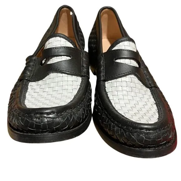 J Crew Shoes 9.5 Black Winona Penny Loafers Woven Italian Leather White Preppy