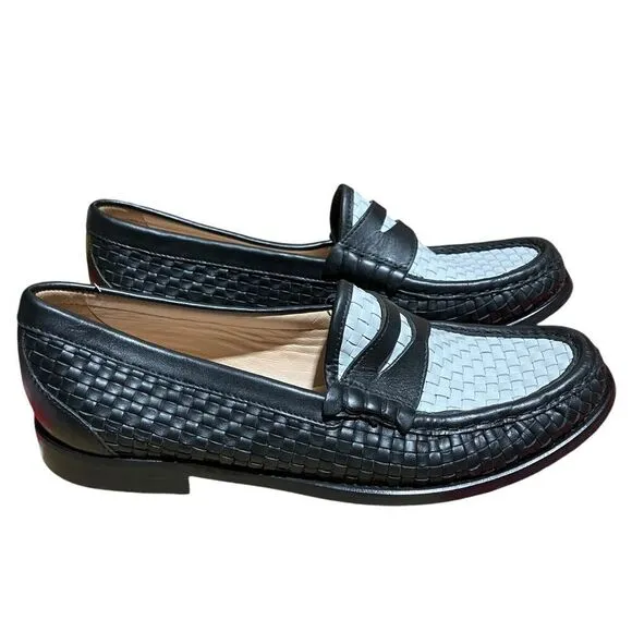 J Crew Shoes 9.5 Black Winona Penny Loafers Woven Italian Leather White Preppy