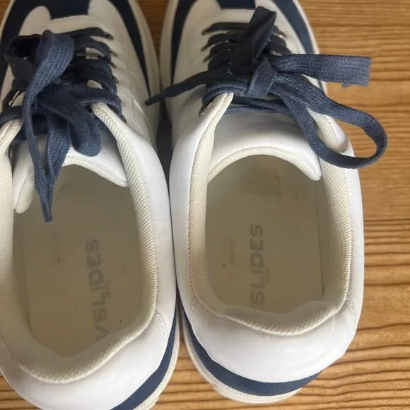 J Slides NYC White Navy Leather Suede Gabbie Platform Sneakers Womens 9