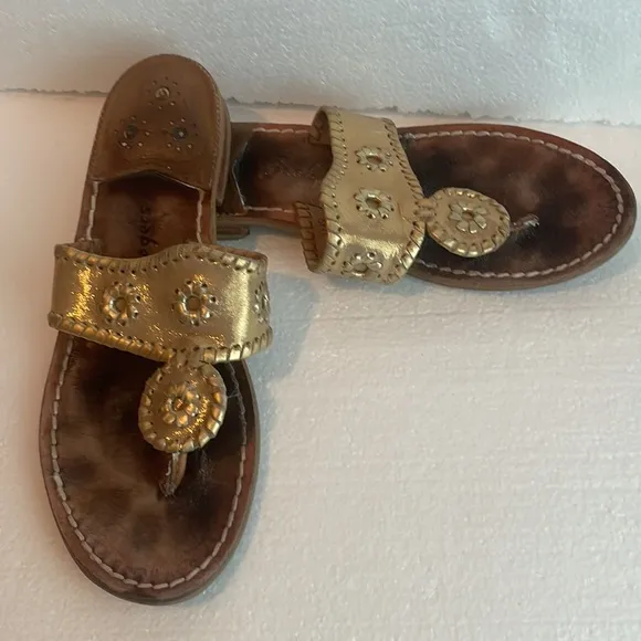 Jack Rogers 1960 sandals whipstitched flats metallic gold slip on women’s size 8