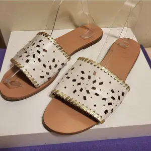 Jack Rogers &quot;Delilah&quot; White/Gold Perforated Leather Slide Sandals sz.10 Ret $128