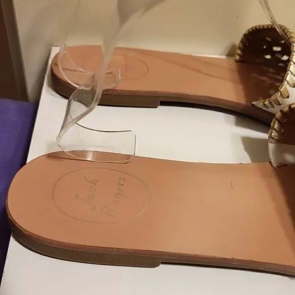 Jack Rogers &quot;Delilah&quot; White/Gold Perforated Leather Slide Sandals sz.10 Ret $128