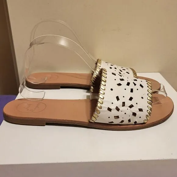 Jack Rogers &quot;Delilah&quot; White/Gold Perforated Leather Slide Sandals sz.10 Ret $128