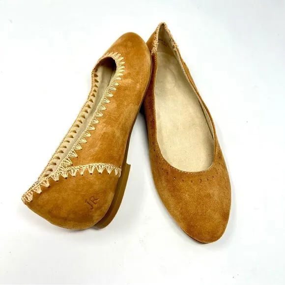 Jack Rogers Ellie Suede II Oak Tan Brown Whip Stitch Detail Ballerina Flats 7.5