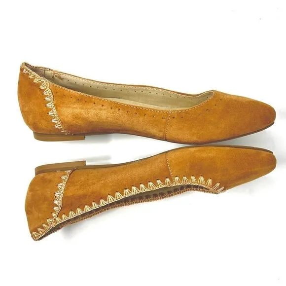 Jack Rogers Ellie Suede II Oak Tan Brown Whip Stitch Detail Ballerina Flats 7.5