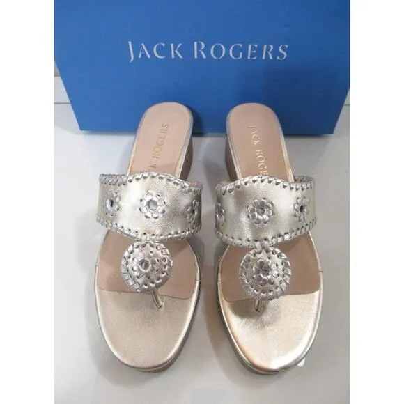 Jack Rogers Jacks Mid Wedge Stacked Heel Sandals Platinum / Silver Size 8