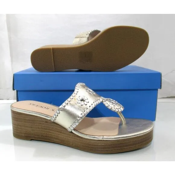 Jack Rogers Jacks Mid Wedge Stacked Heel Sandals Platinum / Silver Size 8