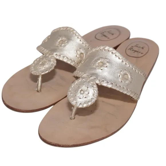 Jack Rogers Light Gold Metallic Sandals with Small 1&quot; Wedge Heel, Size 9.5