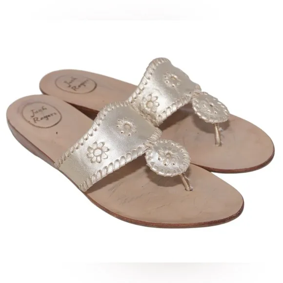 Jack Rogers Light Gold Metallic Sandals with Small 1&quot; Wedge Heel, Size 9.5