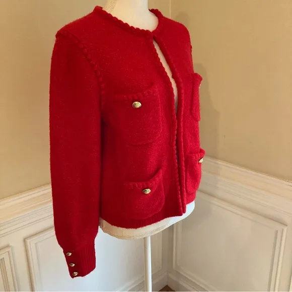 JCREW Odette Red Wool Alpaca Cardigan Sweater Lady Jacket Gold Buttons