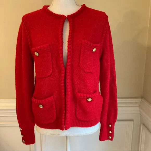 JCREW Odette Red Wool Alpaca Cardigan Sweater Lady Jacket Gold Buttons