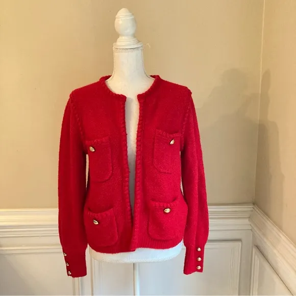JCREW Odette Red Wool Alpaca Cardigan Sweater Lady Jacket Gold Buttons