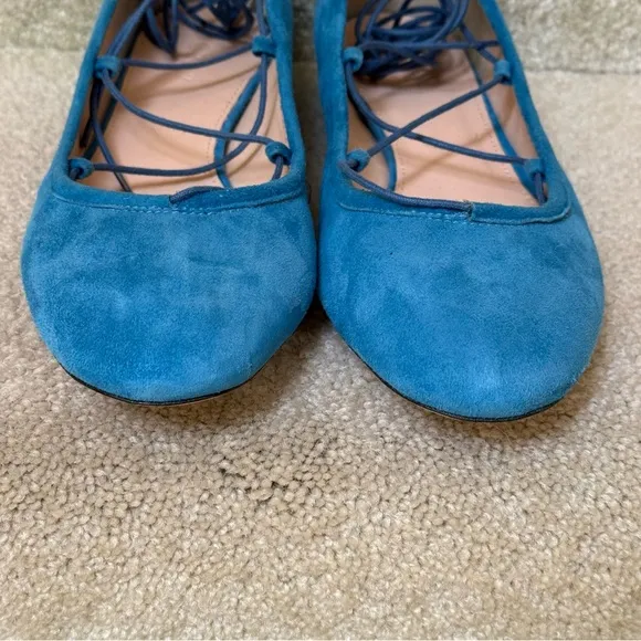 JCREW Suede Lace Up Ankle Tie Ballet Flats Blue Size 8.5