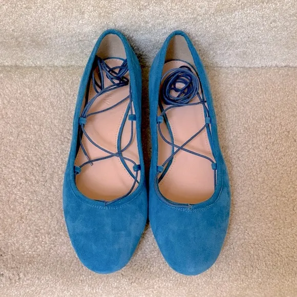 JCREW Suede Lace Up Ankle Tie Ballet Flats Blue Size 8.5