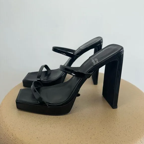Jeffery Campbell Women’s Hustler Black Patent Leather Slip On Square Toe Sandal