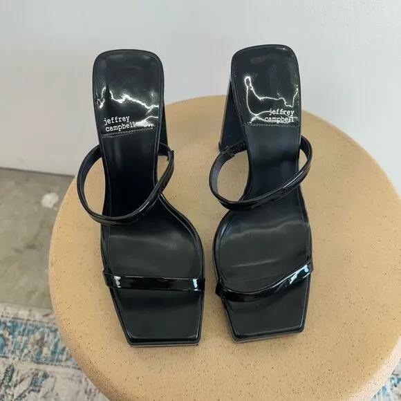 Jeffery Campbell Women’s Hustler Black Patent Leather Slip On Square Toe Sandal