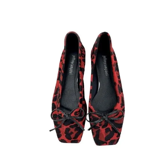 Jeffrey Campbell Achira Red Leopard Calf Hair Square Toe Flats SZ 6 New