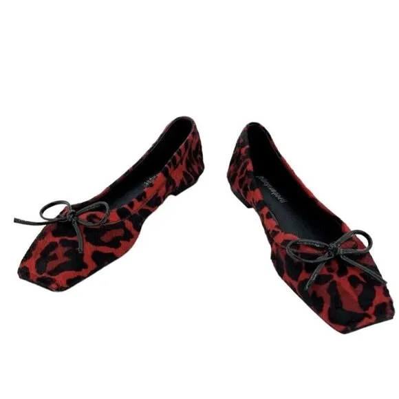 Jeffrey Campbell Achira Red Leopard Calf Hair Square Toe Flats SZ 6 New