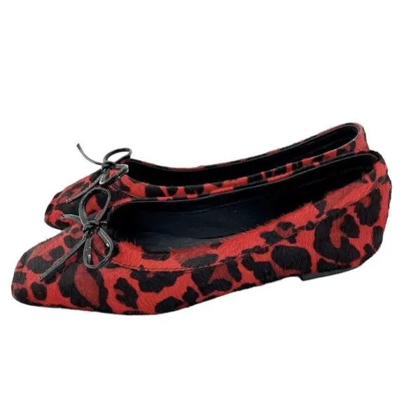 Jeffrey Campbell Achira Red Leopard Calf Hair Square Toe Flats SZ 6 New