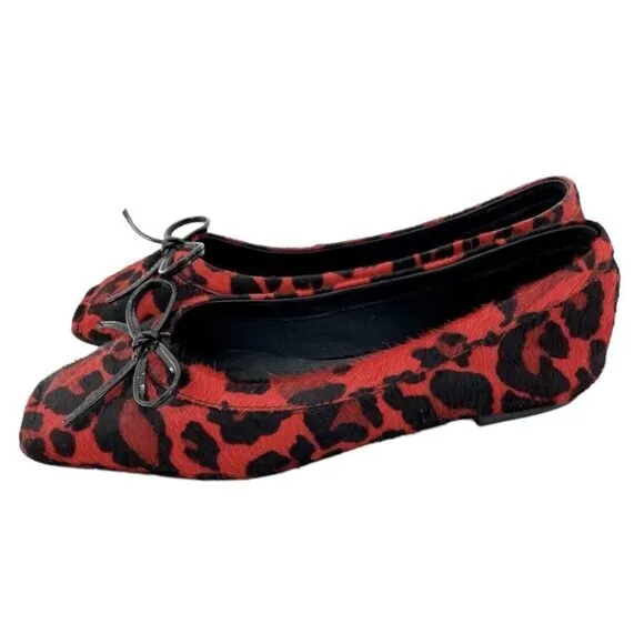 Jeffrey Campbell Achira Red Leopard Calf Hair Square Toe Flats SZ 6 New