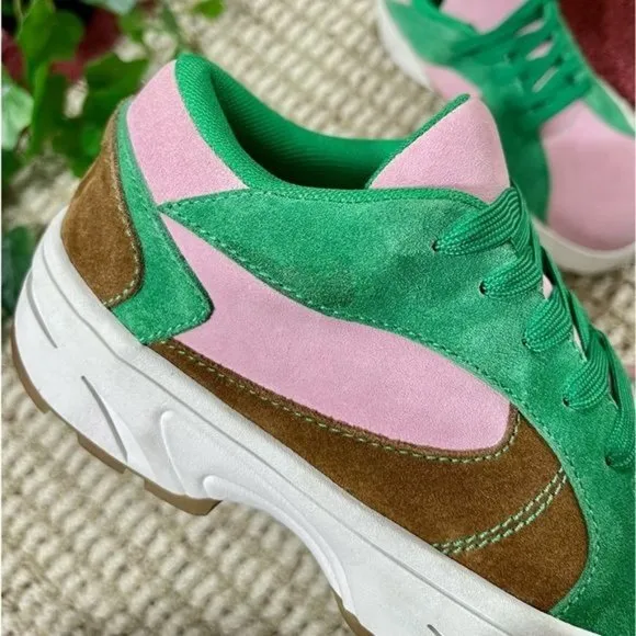 JEFFREY CAMPBELL Limit Platform Sneakers in Green / Pink, Sise 7