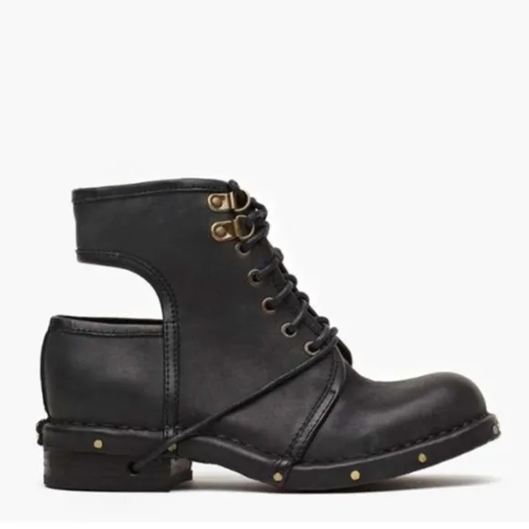 Jeffrey Campbell Rosie Cutout Combat Boots Black Leather Copper Rivets Size 6