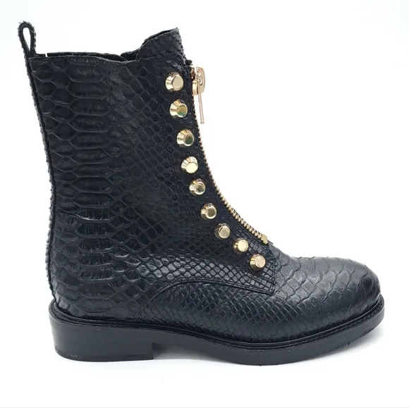 Jeffrey Campbell Tonette Black Combat Snakeskin Embossed Studded Boots Size 6