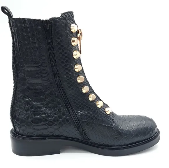 Jeffrey Campbell Tonette Black Combat Snakeskin Embossed Studded Boots Size 6