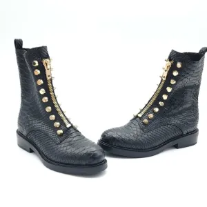 Jeffrey Campbell Tonette Black Combat Snakeskin Embossed Studded Boots Size 6