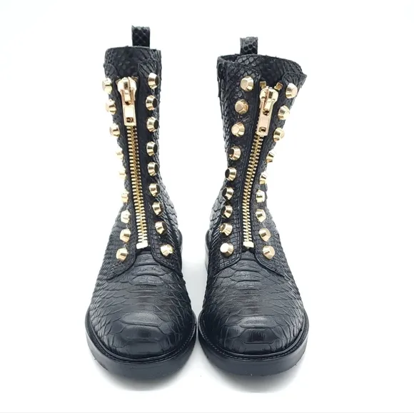 Jeffrey Campbell Tonette Black Combat Snakeskin Embossed Studded Boots Size 6