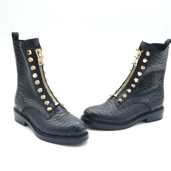 Jeffrey Campbell Tonette Black Combat Snakeskin Embossed Studded Boots Size 6