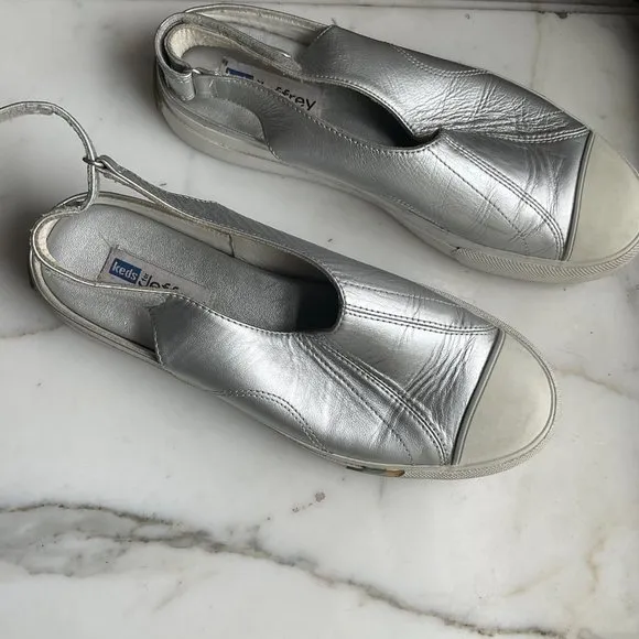 JEFFREY for KEDS Metallic Silver Leather Slip On Platform Sneakers