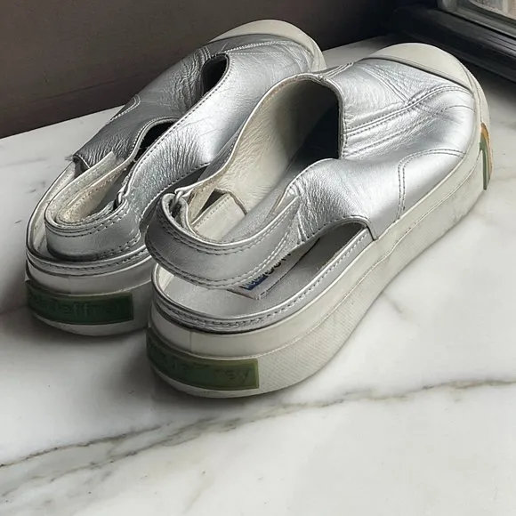 JEFFREY for KEDS Metallic Silver Leather Slip On Platform Sneakers