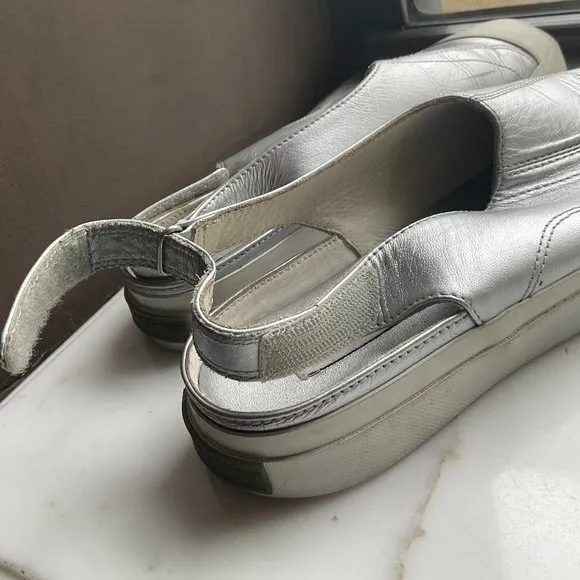 JEFFREY for KEDS Metallic Silver Leather Slip On Platform Sneakers