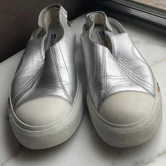 JEFFREY for KEDS Metallic Silver Leather Slip On Platform Sneakers