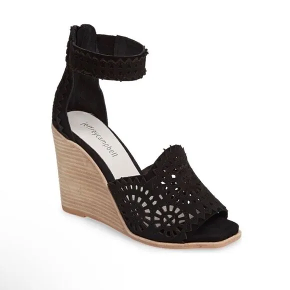 Jeffrey Campbell Black suede cut out wood wedges