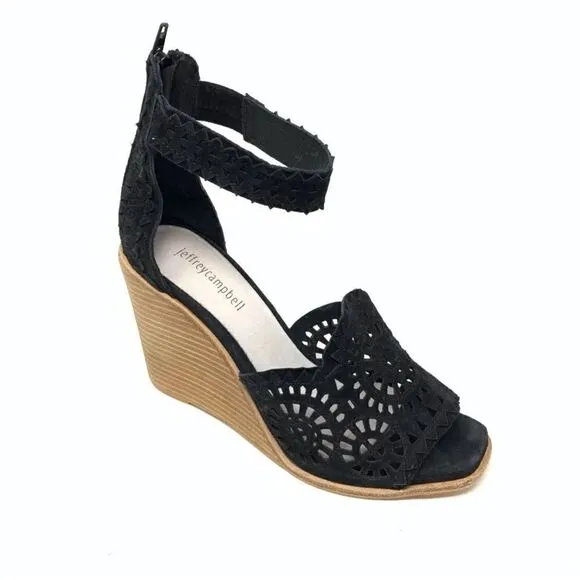 Jeffrey Campbell Black suede cut out wood wedges