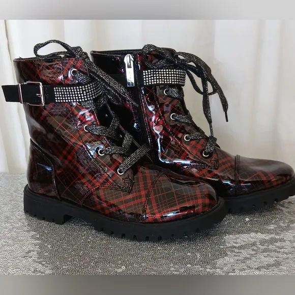 Jessica Simpson Red and Black Plaid Combat Boots