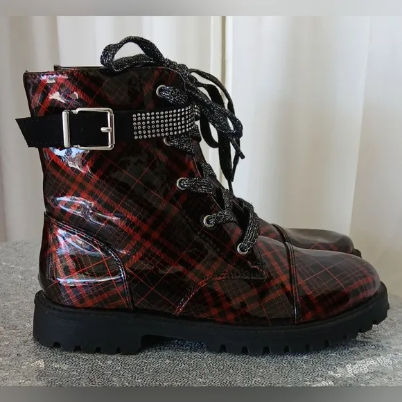 Jessica Simpson Red and Black Plaid Combat Boots