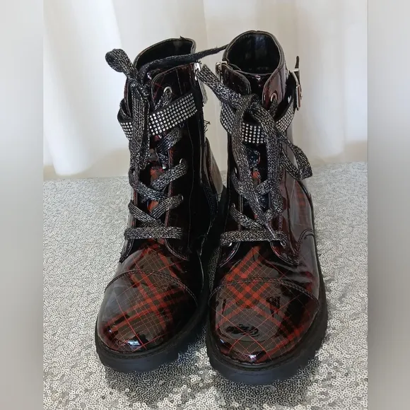 Jessica Simpson Red and Black Plaid Combat Boots