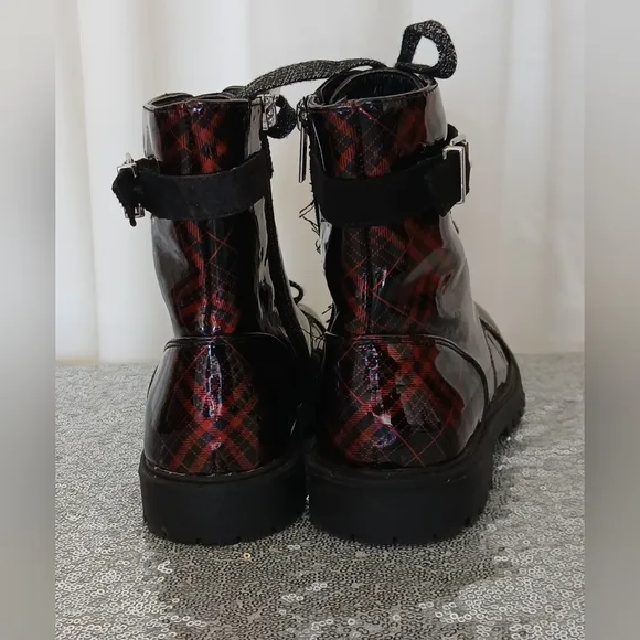 Jessica Simpson Red and Black Plaid Combat Boots