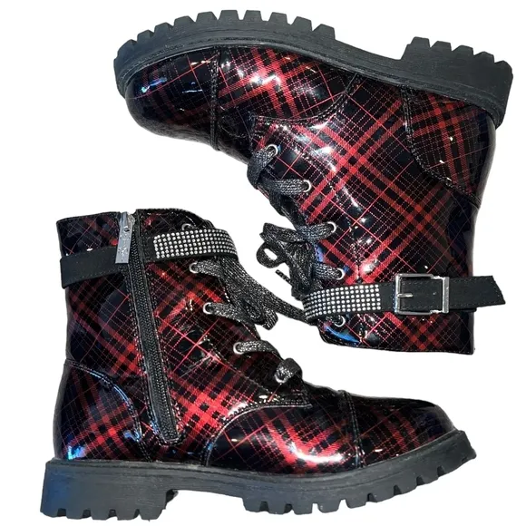 Jessica Simpson Red and Black Plaid Combat Boots