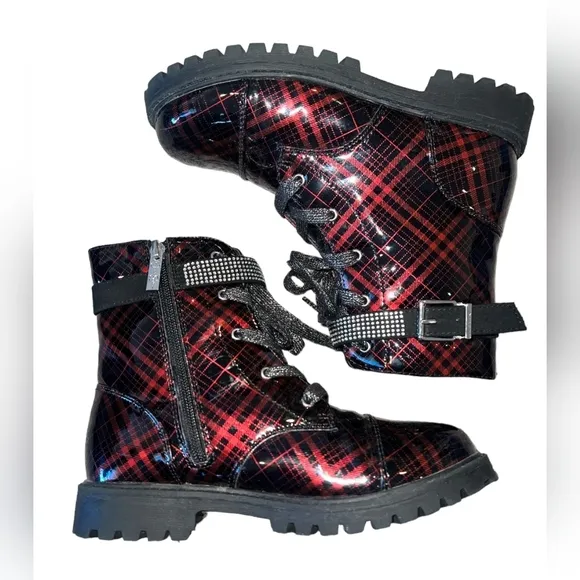 Jessica Simpson Red and Black Plaid Combat Boots
