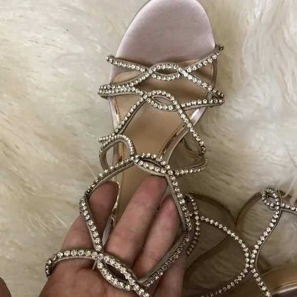 JEWEL BADGLEY MISCHKA Skinny-strap crystal cage sandals