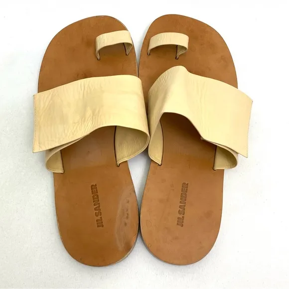 JIL SANDER Beige Toe Ring Sandals 10 Flat Slip On Calf Leather