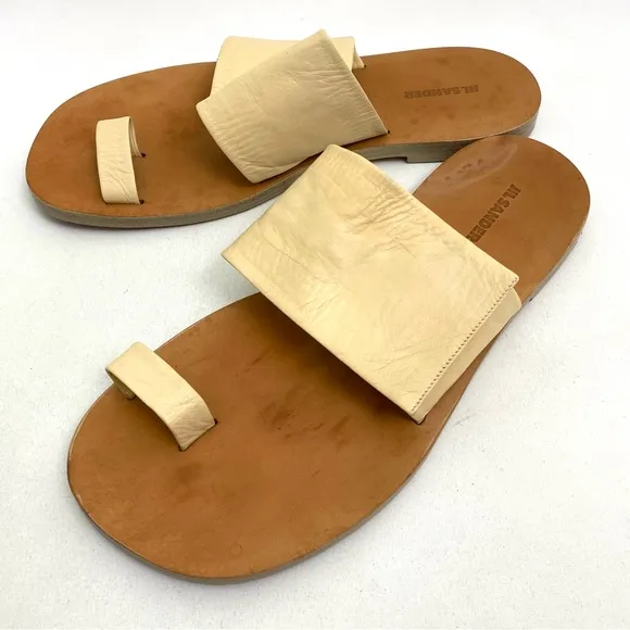JIL SANDER Beige Toe Ring Sandals 10 Flat Slip On Calf Leather