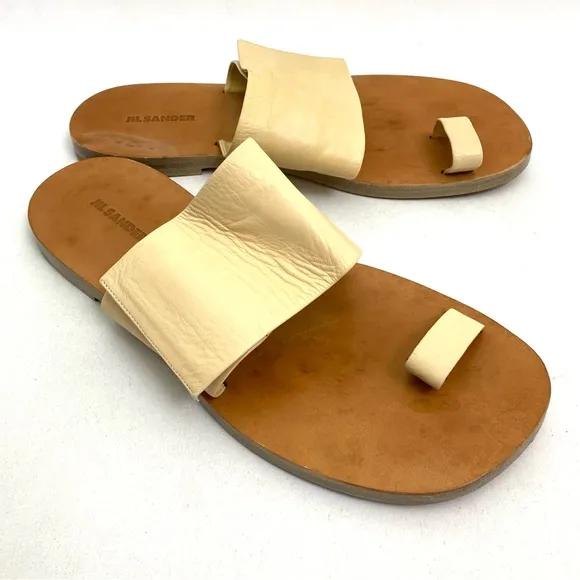 JIL SANDER Beige Toe Ring Sandals 10 Flat Slip On Calf Leather