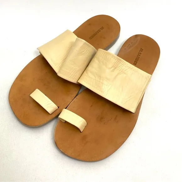 JIL SANDER Beige Toe Ring Sandals 10 Flat Slip On Calf Leather
